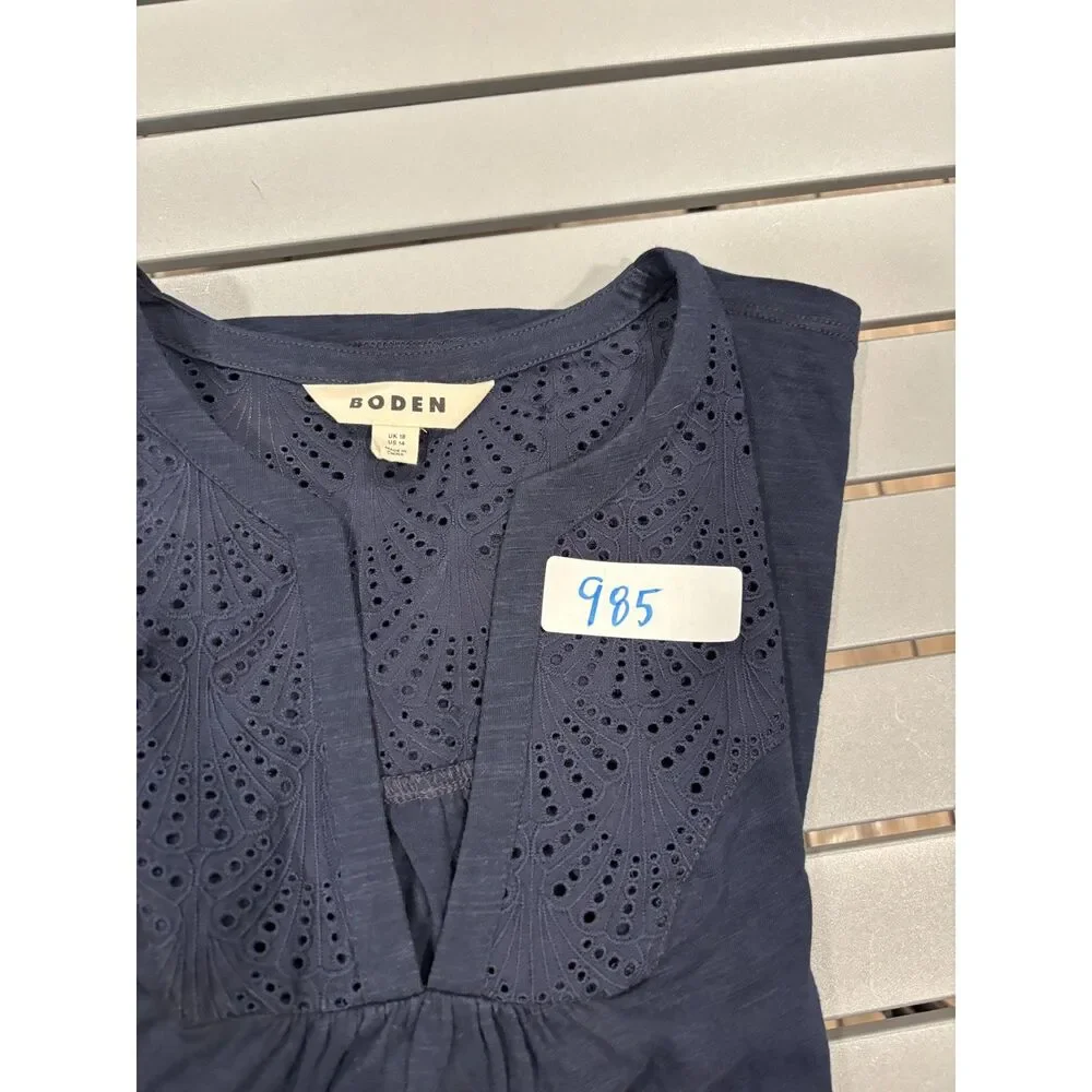 Boden Blouse Womens Size 14 Navy Blue Puff Sleeve Eyelet